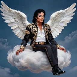 highly detailed film still of Michael Jackson sat on a cloud in heaven with angel wings by Joe Simko, grotesque, 8k, hd, hyperdetailed, award winning cinematography