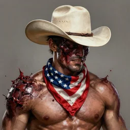 a portrait of carnage with a cowboy hat on with an American flag scarf, D&D, sci-fi, elegant, hopeful, muscular, highly detailed, digital painting, artstation, concept art, smooth, sharp focus, illustration