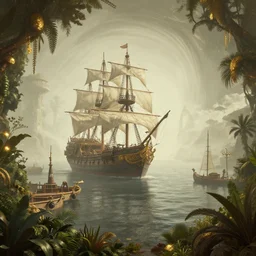 a retrowave aesthetic style artwork of a pirate harbour, pirate ship, divine, hazy, volumetric lighting, lush flora, empty, spacetime bending, very detailed, serene, gold accents, washed out colors, beautiful artwork, master level composition, raytracing