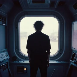 kodak ultramax 4 0 0 photograph of a goth guy standing in a spaceship looking out a window, back view, grain, faded effect, vintage aesthetic, vaporwave!!!, 9 0 s vibe,