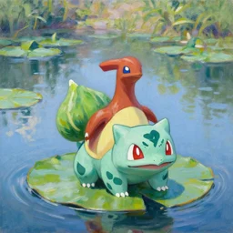 bulbasaur from pokemon sitting on a lilypad in a beautiful lake, oil on canvas by claude monet