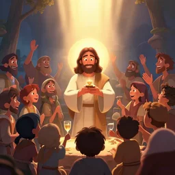 shia labeouf as jesus sharing bread and wine with the local community, joyful, holy rays of spiritual light, worship, pixar style, shaded lighting poster by magali villeneuve, artgerm, jeremy lipkin and michael garmash, rob rey and kentaro miura style, trending on art station