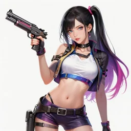 the portrait of chaotic neutral colorful female gunner assassin as absurdly beautiful, gorgeous, elegant, playful, young gravure idol, an ultrafine hyperdetailed illustration by kim jung gi, irakli nadar, detailed faces, intricate linework, bright colors, octopath traveler, final fantasy, unreal engine 5 highly rendered, global illumination, radiant light, detailed and intricate environment