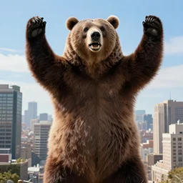 a giant angry bear with arms raised attacking the city, photomanipulation, photoshop, digital art