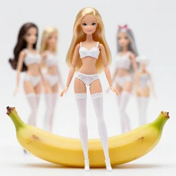 anime barbie in white, on the banana, lace underwear, several dolls, stockings, white bra, full length, standing posture, full length, patterned clothing
