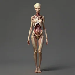 wide angle full body portrait of an alien female, a perfect face and perfect body, thin waist, plastinated cross-section, internal structures, intricate, single face, highly detailed, digital painting, artstation, concept art, smooth, sharp focus, illustration, Unreal Engine 5, 8K, art by artgerm and greg rutkowski and alphonse mucha
