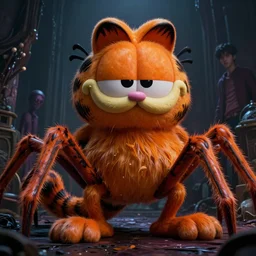 a giant evil garfield with empty eyes, sharp teeth and spider legs, lovecraftian horror by greg rutkowski, stanley artgerm lau and jason chan, highly detailed, cinematic lighting, octane render, unreal engine lumen, very coherent. cinematic, hyper realism, high detail, octane render, 8 k