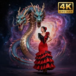 ( hyperrealist distant portrait of a dragon and a girl dressed as flamenco, in the background the universe. ) by anato finnstark, dream, full body portrait, dynamic lighting, beautiful, trending on artstation, wallpaper, 4 k, award winning, digital art, very detailed faces