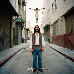 jesus christ as a drug dealer selling drugs in the alleys of los angeles, jesus in real life, canon eos r 3, f / 1. 4, iso 2 0 0, 1 / 1 6 0 s, 8 k, raw, unedited, symmetrical balance, wide angle