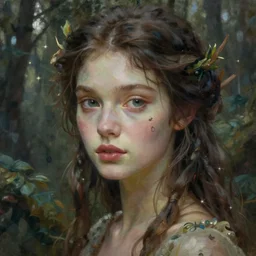 portrait of beautiful forest goddess, unusual beauty, esoteric, sweet soft muted colors, head in focus, fantasy art, forest aesthetics, intricate, elegant, highly detailed hyperrealistic painting, artstation, concept art, painterly, sharp focus, illustration, art by emilia elfe