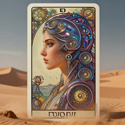 Dune and altered carbon, Maya Ali as a cyber sorceress, side view, tarot card, sweat drops, fibonacci, fractals, insane, prismatic, intricate, highly detailed, digital painting, artstation, concept art, smooth, sharp focus, illustration, Unreal Engine 5, 8K, art by artgerm and greg rutkowski and alphonse mucha