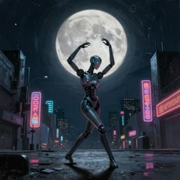 an emotional concept painting of a cyberpunk android dancing in the moonlight, neon signs, empty city, large detailed moon, concept painting by Raymond Swanland and Ruan Jia and Greg Rutkowski