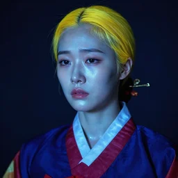portrait of a splendid sad north korean woman from scary stories to tell in the dark in ibiza, spain with pearlescent skin and cyber yellow hair stronghold in the style of chalks by andre kohn, trending on 5 0 0 px : : 5, hdr, 8 k resolution, ray traced, screen space ambient occlusion : : 2, true blue color scheme