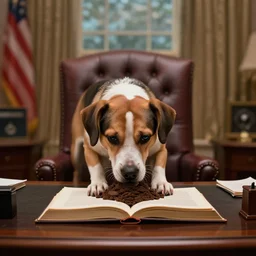 hyperrealistic mixed media image of a dog taking a dump on a book atop the desk in the oval office, stunning 3 d render inspired art by istvan sandorfi and greg rutkowski, perfect facial symmetry, realistic, highly detailed attributes and atmosphere, dim volumetric cinematic lighting, 8 k octane extremely hyper - detailed render, post - processing, masterpiece,