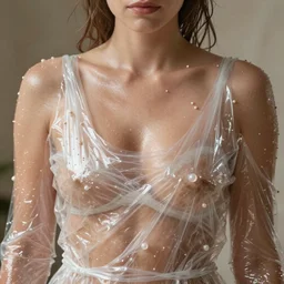 lucy hale wearing a risque outfit made from cling film, half body portrait, greg kutkowski, sharp details, soft lighting, subsurface scattering, pearls of sweat, glistening skin, warm lighting