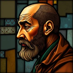 beautiful and detailed portrait of gaunter o'dimm, profile view, side view, arab man, 5 0 years old, brown coat, bald, shaven, stained glass art, by alphone mucha, very masterful