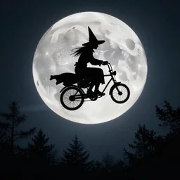 a witch with a pointy hat is riding a flying bike across the full moon as silhouette, from the movie e. t. the extra terrestrial, with dark trees in foreground, cinematic frame by steven spielberg, hd