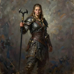 a full body fantasy portrait oil painting illustration of a single rugged stoic barbarian woman by Justin Sweet with face and body clearly visible, d&d, rpg, forgotten realms, artstation trending, high quality, sombre mood, artstation trending, muted colours, no crop, entire character,