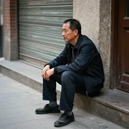 man sitting in the street. realism