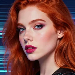 beautiful redhead woman, synthwave art, closeup