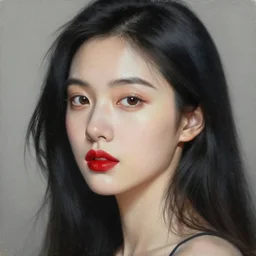 a woman with black hair and a red lipstick, a photorealistic painting by wang duo, featured on cg society, photorealism, behance hd, ultrafine detail, high detail
