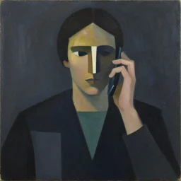 A painting of person on the phone, abstract painting in the style of Sophie Taeuber-Arp and Gary Hume and Tatsuro Kiuchi, flat colour-block style, geometric abstraction, dark colours