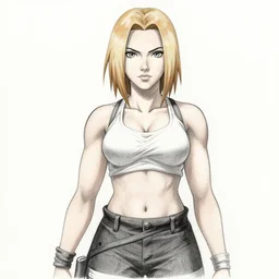 muscular scarlett johansson from the hidden leaf village, naruto anime style, shonen jump, pencil and ink, afro samurai anime style, black and white, dramatic lighting, soaking wet, heavy rain!