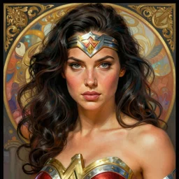 portrait of Betsy Brandt as Wonder Woman, accurate, intricate, headshot, highly detailed, digital painting, artstation, concept art, sharp focus, illustration, art by artgerm and greg rutkowski and alphonse mucha