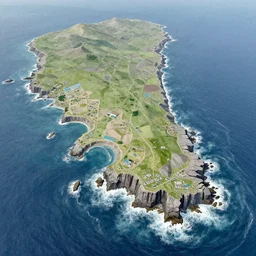 dutch angle drone photography with delicate gouache embellishments this is a land on an unforgiving world of churning oceans and jagged coastlines. every habitable island is situated somewhere along the planet's equator where the weather is still volatile but more hospitable than any points to the north or south