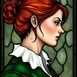beautiful and detailed portrait of triss from the witcher 3, profile view, side view, green jacket, white collar, red hair, stained glass art, by alphone mucha, very masterful