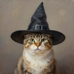 beautiful work of art artistic painting realistic masterpiece where a cat comes out with a witch hat