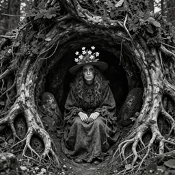 photography of old ugly witch living in a root cave, edelweiss growing from her head, forest, dolomites, alpine, detailed intricate insanely detailed octane render, 8k artistic 1920s photography, photorealistic, black and white, chiaroscuro, hd, by David Cronenberg, Raphael, Caravaggio
