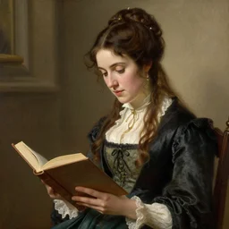 jane austen, reeding books, painting by rossetti bouguereau, detailed art, artstation
