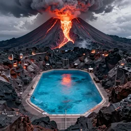 A beautiful pool in the middle of a volcano throwing lava, digital art,