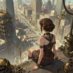 a woman sitting on a ledge, looking down at a busy metropolise, seen from the back, top view, in the style of anna nikonova, anime artstyle, 2 d art, concept art, intricate, steampunk