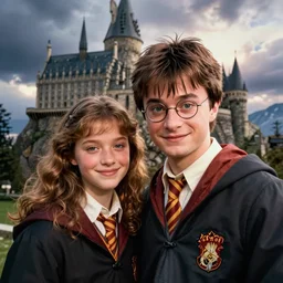 miranda otto, posing for a selfie with harry potter, in front of a castle on a mountain, digital art by greg rutkowski, artstation