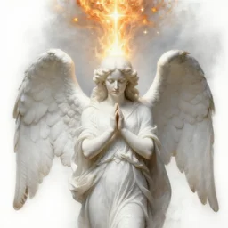 realistic detailed painting 3 / 4 portrait of white angel with clean narrow face like noface and super giant wings from the light, by jan van eyck, noface!!!!, miracle light coming up from the head up and up!!, a lot of fire - stars overhead!!!, misty space, grace and blessing, sfumato effect, renaissance, christianity, marble stone, glow effect, large soft strokes, soft shadow and light, soft effect, white background