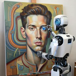 robot artist painting a self - portrait on a canvas. intricate, highly detailed, digital matte painting in the style of gil elvgren and in the style of alexandros pyromallis. irony, recursion, inspiration.