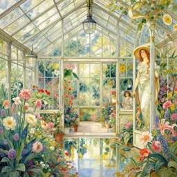 a beautifull intricate watercolour painting of a greenhouse with many flowers, reflexions, verry high details by william turner art, greg rutkowski and alphonse mucha, trending on artstation, very very detailed, masterpiece, - h 7 0 4