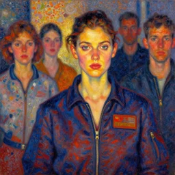 portrait in daring femininity, determined face, flight suit, warm glow, runway bathed in light, captured memory, recollection, pointillist impressionism, radiosity, terrazzo, pj crook, michael garmash, livia prima, nick alm, casey baugh, deep color, oil on canvas