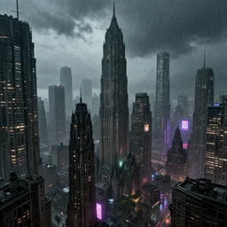 brutalist mega city landscape by arnold bocklin, distopic, megalopolis, gothic architecture, megalophobia, neon lights, depressing, rain, raytracing