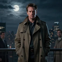 portrait of james marsden, trench coat, stormy night, urban city scenery, moonlight, petros afshar, tom whalen, artstation, volumetric lighting