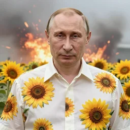 photo portrait of Vladimir Putin - sunflowers -  dressed in leisure shirt with ornamental  ethereal  sunflower pattern, natural skin tone, highly detailed  realistic flowers ornament on the shirt, raging war and explosions in the background, eyebrows and wrinkles are intricate and highly detailed, elegant, Realistic, Refined, Highly Detailed, natural soft pastel lighting colors scheme, fine art photography by Cecil Beaton, volumetric lighting, hyper realistic photography