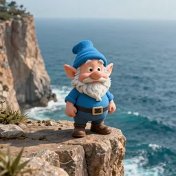 cinematic front shot of a blue gnome standing on the edge of a cliff by the ocean, 8k, highly intricate, highly detailed,