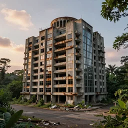 a street view of an extremely detailed cathedral of brutalist architecture by Le Corbusier, abandoned building, empty streetscapes, surrounded by lush green jungle, ground-level view, natural volumetric lighting, sunset, rusted steel, solid concrete, glass, stunning skies, scattered rubbish and debris, 8k, photorealistic, hyper detailed, unreal engine 5, IMAX quality, cinematic quality, beautifully illustrated, sharp focus, minimal artifacts, from DOOM, by Greg Rutkowski, trending on Artstation
