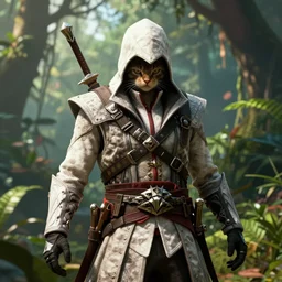 epic cat as an assassin's creed character in beautiful jungle, cinematic, photo realistic, hyper detailed