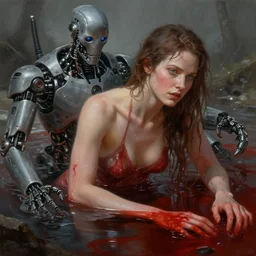 A beautiful detailed painting of Dolores Abernathy bathing in blood, robot revolution, apocalypse, Westworld, highly detailed, digital painting, artstation, cgscoiety, complete scene, cinematic, intricate, smooth, sharp focus, illustration, Unreal Engine 5, concept art, 8K, art by Esao Andrews.