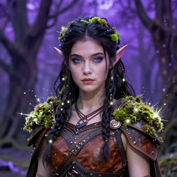 portrait of night elf druid, beautiful girl, leather armor, glowing moss, cinematic, violet trees, magical, enchanting, white sparks of light, sharp focus, high quality, 4 k, high detail, trending on artstation, art by brian huang, artgerm