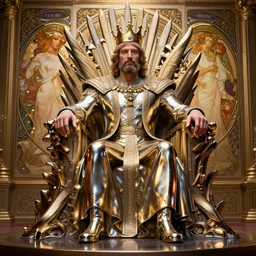 highly detailed vfx portrait of vladimir puton as king of throne, stephen bliss, unreal engine, chrome reflect, tom bagshaw, alphonse mucha, global illumination, detailed and intricate environment