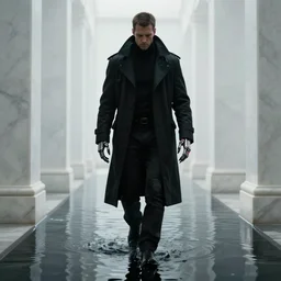 man wearing black cyberpunk coat cybernetic hand (emissive red details glowing) metal reflective long fingers spindly creepy pointed, walking down, white marble hallway flooded with dark water. Scene from Bladerunner 2049 (2017) Artstation trending 720p.